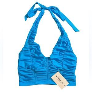 Shein halter top ruched sheer blue size 4 (small)